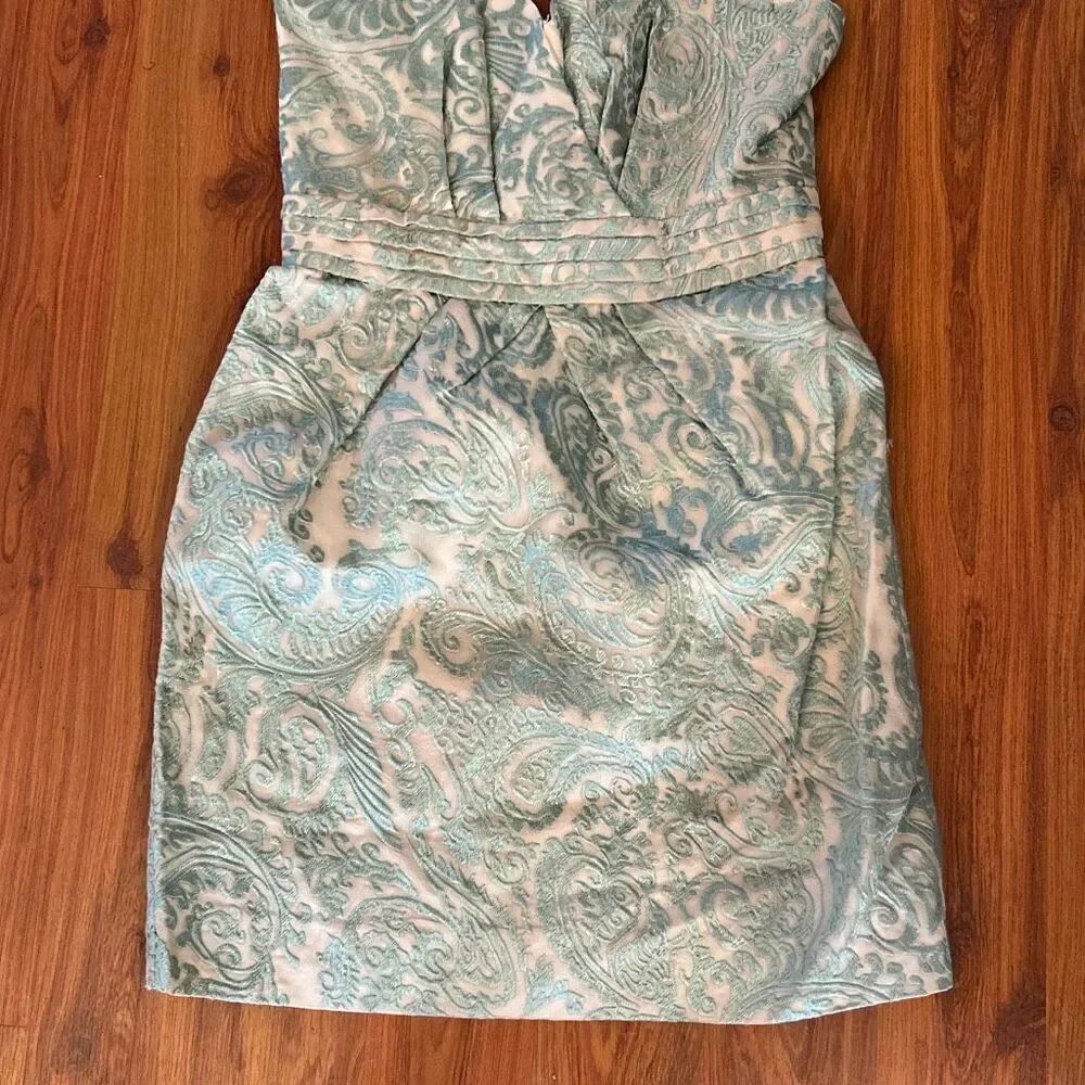 Nicole Nicole Miller strapless tapestry sea foam blue tan dress size 4 .